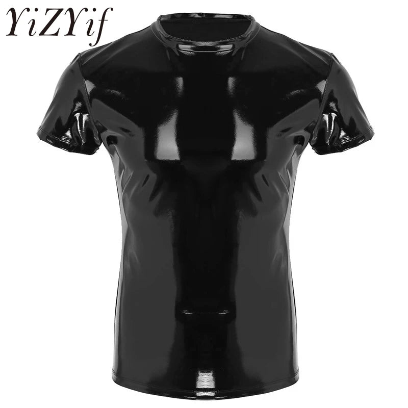 T-shirt sexy en cuir PVC effet mouillé pour homme, sous-vêtement extensible en latex, tenue de club, costume de scène, t-shirt moulant