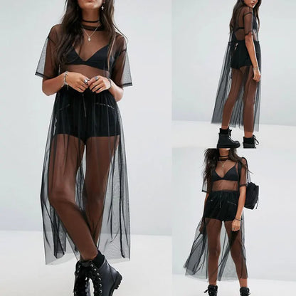 Robe longue sexy froncée en gaze transparente pour femmes, demi-manches, couleur unie, en tulle transparent, vêtements d'été sexy pour dames