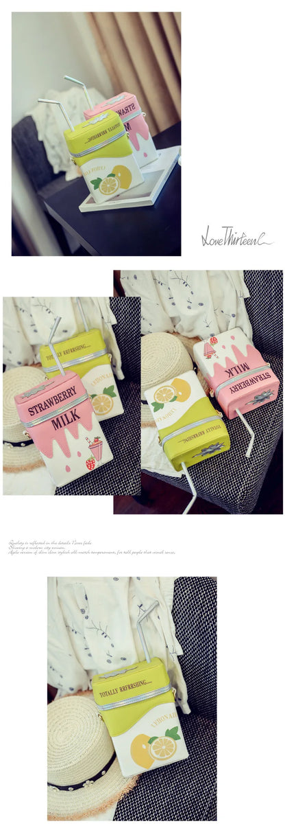 Personality Milk Box Shape Shoulder Bag Strawberry /Lemon printed drink bottle shape bag with straw femle mobile phone bags