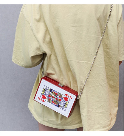 Bolso bandolera con cadena para mujer, diseño divertido de cartas de póquer, moderno y informal, con letras, pequeño, cuadrado, a la moda, bolso femenino