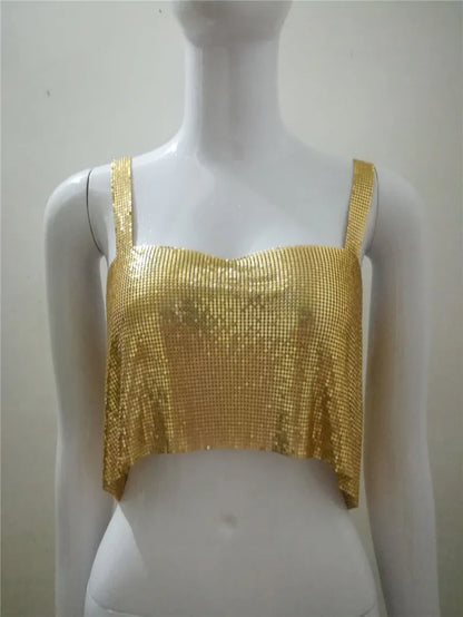 Sexy Women Shiny Tank Tops Gold Sequined Metal Diamonds Crop Tops Vest Tee Shirt Glitter Crystal Nightclub Basic Crop Tops 2024