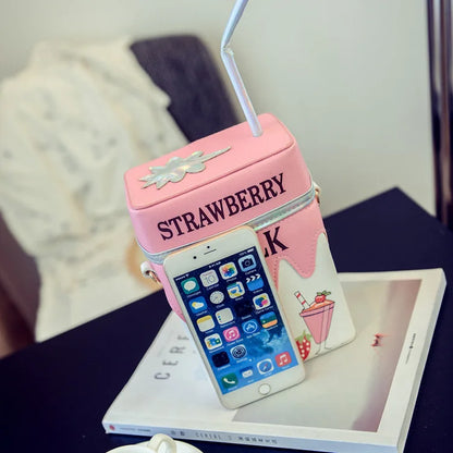 Personality Milk Box Shape Shoulder Bag Strawberry /Lemon printed drink bottle shape bag with straw femle mobile phone bags