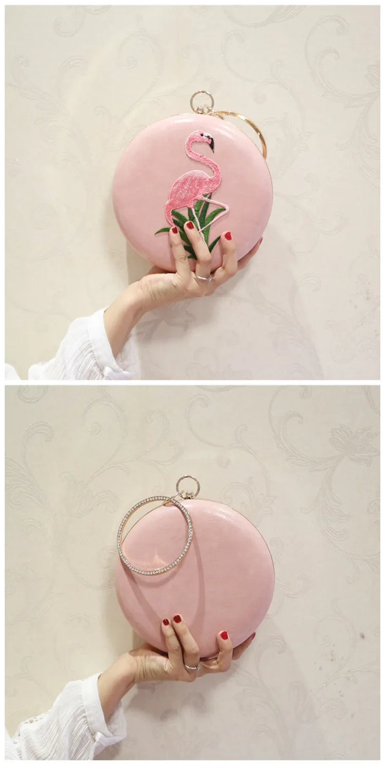 Women Embroidery Flamingo Evening Bags Luxury Round Shaped Female Wedding Dinner Bags Shoulder Bags Clutch Purse