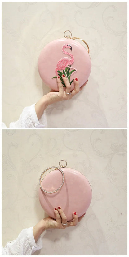 Women Embroidery Flamingo Evening Bags Luxury Round Shaped Female Wedding Dinner Bags Shoulder Bags Clutch Purse