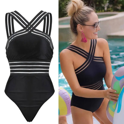 Traje de baño monokini de talla grande para mujer, traje de baño de playa con tiras cruzadas, sin espalda, de color sólido, con aberturas, de malla, para verano