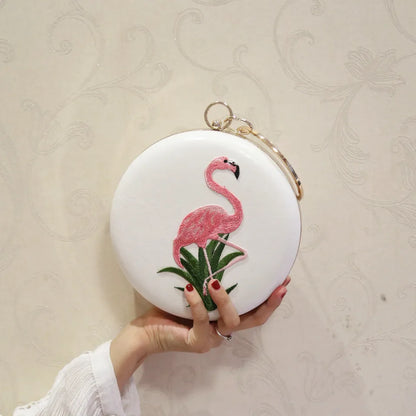 Women Embroidery Flamingo Evening Bags Luxury Round Shaped Female Wedding Dinner Bags Shoulder Bags Clutch Purse