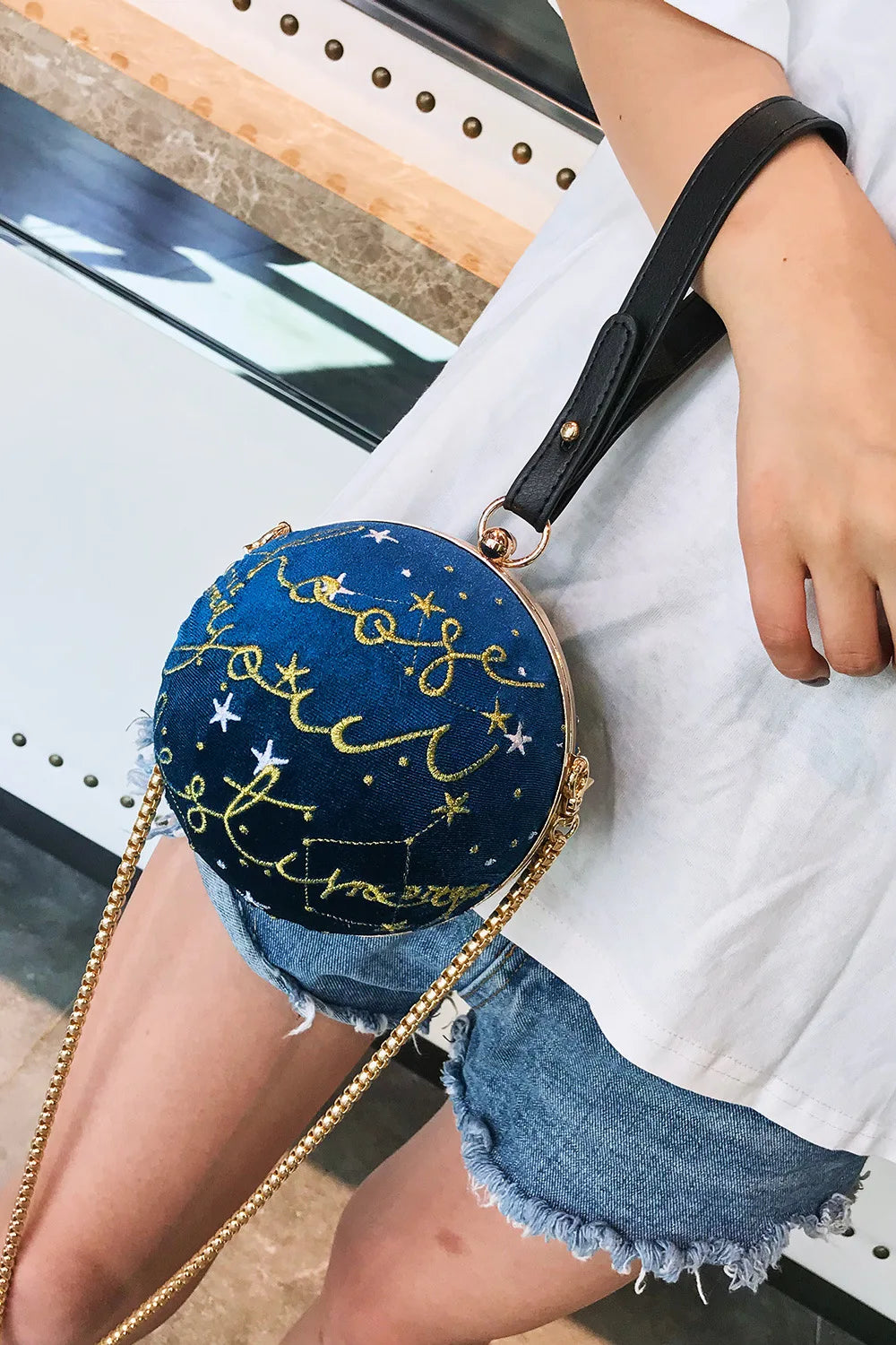 Luxury Fashion Blue Planet Velvet Star Ball Shoulder Bag Women small round Velour Bag Personality Female Handbag