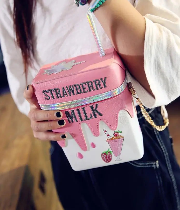 Personality Milk Box Shape Shoulder Bag Strawberry /Lemon printed drink bottle shape bag with straw femle mobile phone bags