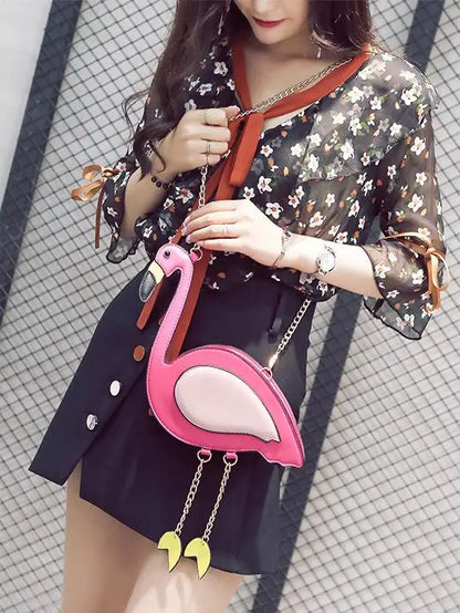 Fashion Pu leather embroidery flamingo shape casual chain purse ladies shoulder bag handbag women's crossbody mini messenger bag