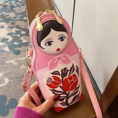 Bolso con estampado creativo de matrioska, bolso cruzado para mujer, nuevo bolso de cuero de PU a la moda, bolso para teléfono y cartera, bolso de hombro, bolsas