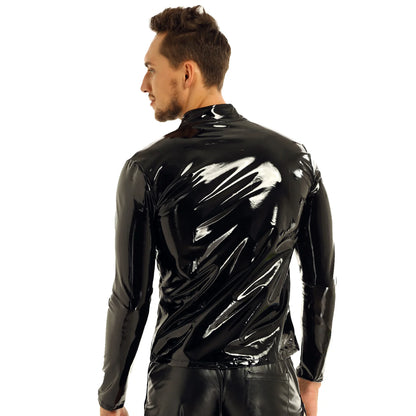 YiZYiF Men Shiny Metallic Front-Zip Stand Collar Tops Wet Look Sexy Patent Leather Nightclub Style Long Sleeve Tops For Men