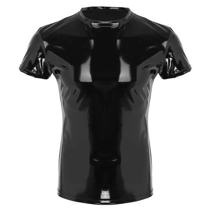 YiZYiF Black Shiny T Shirt Unisex Metallic Hipster PVC Leather Tshirt Sexy Stand Collar Short Sleeves Front Zip Up T-shirt Tops