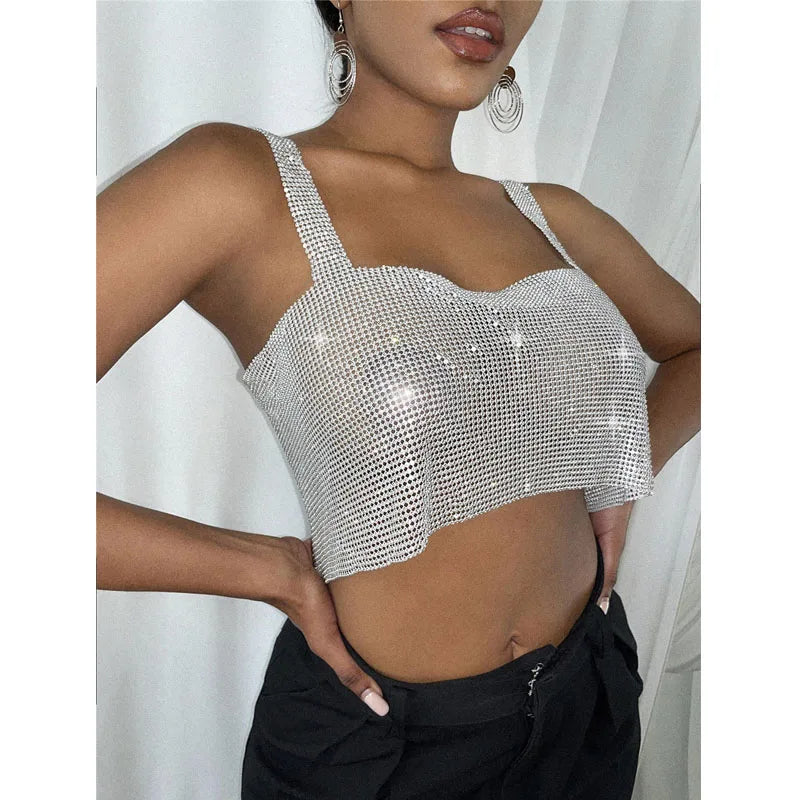 Tees Club Femmes Fête Débardeurs En Maille Métallique Sangle Gaine Drapée Étincelle Diamants Cou Licou Dos Nu Sexy Pull 2021 Hauts