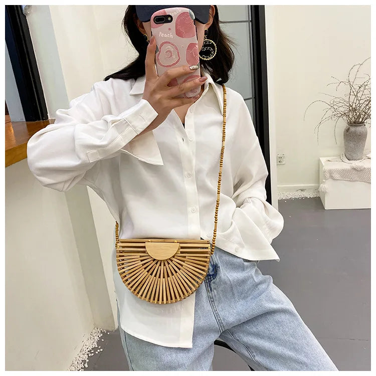 Bolso bandolera de madera con forma de media luna para mujer, de moda, tejido de bambú, para playa, de verano, de paja, pequeño bolso de ratán para teléfono