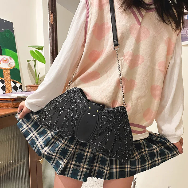 Bolso bandolera de PU con forma de murciélago y lentejuelas bordadas a la moda para mujer, divertido bolso de hombro, bolso cruzado con forma de murciélago negro