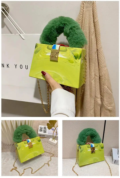 Faux Fur Top Handle Acrylic Party Box Clutch Fashion Purses and Handbags for Women Designer Evening Bag Chain Shoulder Bag