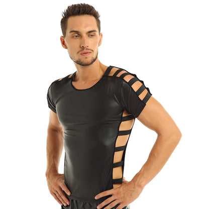 T-shirts Clubwear pour hommes, chemises en cuir verni effet mouillé, col rond, maille transparente, manches courtes, demi-fermeture éclair sur le devant