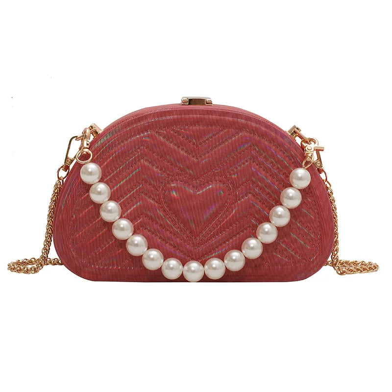 Bolso de mujer de moda 2021 nuevo bolso semicircular con cadena bordada en forma de corazón de melocotón bolso portátil con rayas y perlas