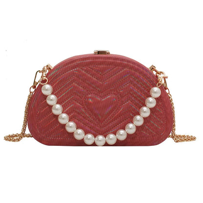 Bolso de mujer de moda 2021 nuevo bolso semicircular con cadena bordada en forma de corazón de melocotón bolso portátil con rayas y perlas