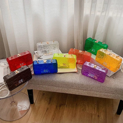 Transparent Acrylic Box Bag Fashion Crack Pattern Design Girl's Candy Color Chain Small Shoulder Bag Dinner Bag Clear Bag