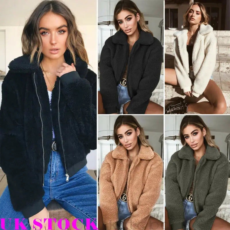 Chaqueta de invierno elegante para mujer, con bolsillo de osito de peluche grueso, abrigo cálido con cremallera, abrigo, chaqueta de piel suave, abrigo de felpa para mujer