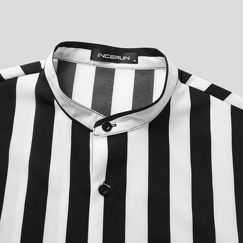 2023 Men Striped Shirt Brand Stand Collar Streetwear Short Sleeve Button Casual Camisa Hombre Leisure Fashion Tops INCERUN S-5XL