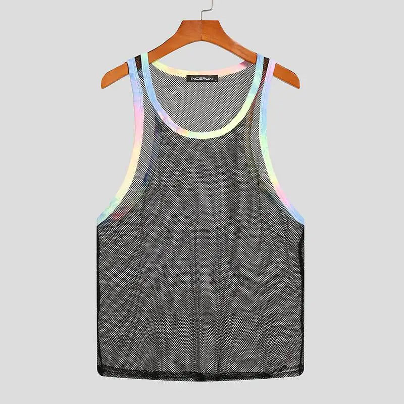 Camisetas sin mangas de verano 2023 para hombre, ropa de calle de retazos de malla, chalecos casuales sexis sin mangas, camisetas de entrenamiento transparentes y transpirables, 5XL INCERUN