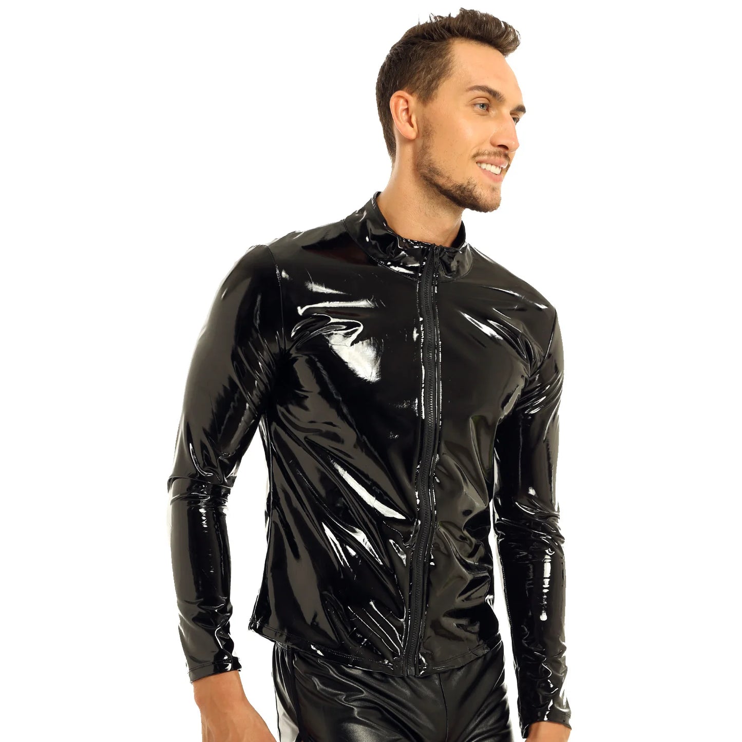 YiZYiF Men Shiny Metallic Front-Zip Stand Collar Tops Wet Look Sexy Patent Leather Nightclub Style Long Sleeve Tops For Men