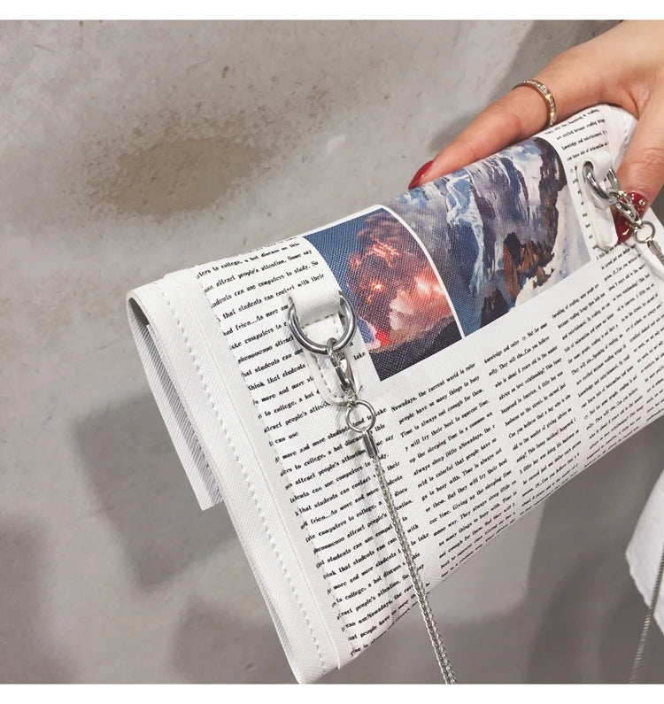 Creative Newspaper Design Chains Crossbody Bag for Women Funny Pu Leather Lady Shoulder Messenger Bags Cute Small Female Purses