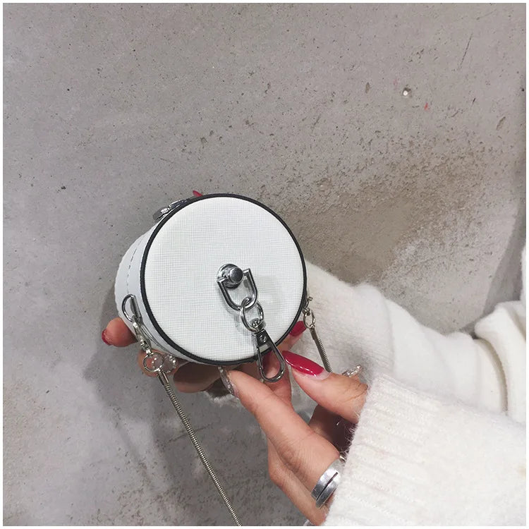 Mini Cylinder Shaped Shoulder Messenger Crossbody Bags For Women Cartoon White Rabbit Print Pu Chain Handbag With The Bucket