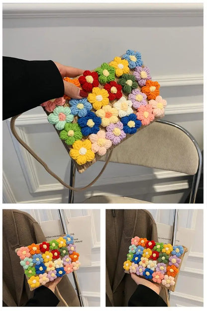 Bolsos de punto de moda Bolso de mano con flores para mujer Nuevo bolso de mensajero de un solo hombro cosido fresco