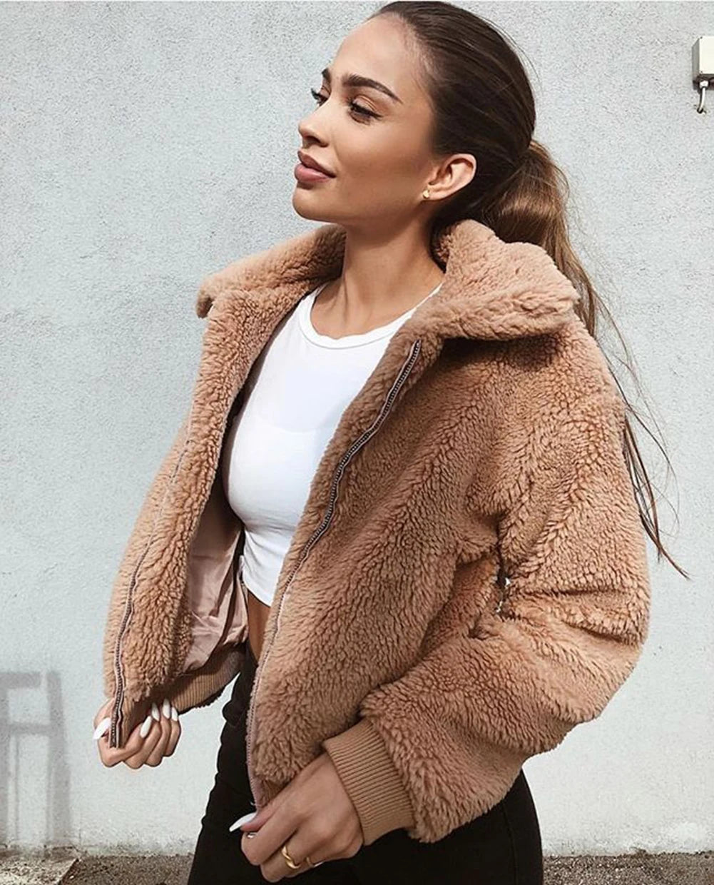 Chaqueta de invierno elegante para mujer, con bolsillo de osito de peluche grueso, abrigo cálido con cremallera, abrigo, chaqueta de piel suave, abrigo de felpa para mujer