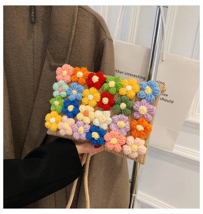 Bolsos de punto de moda Bolso de mano con flores para mujer Nuevo bolso de mensajero de un solo hombro cosido fresco