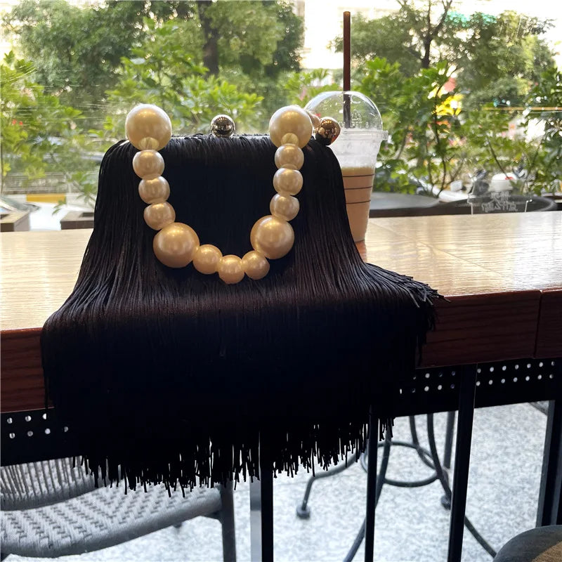 Tassel Small Square Bag Female Pearl Chain Handbag Dinner Bag High Quality Long Tassel Clutch Bag Black Evening Bag