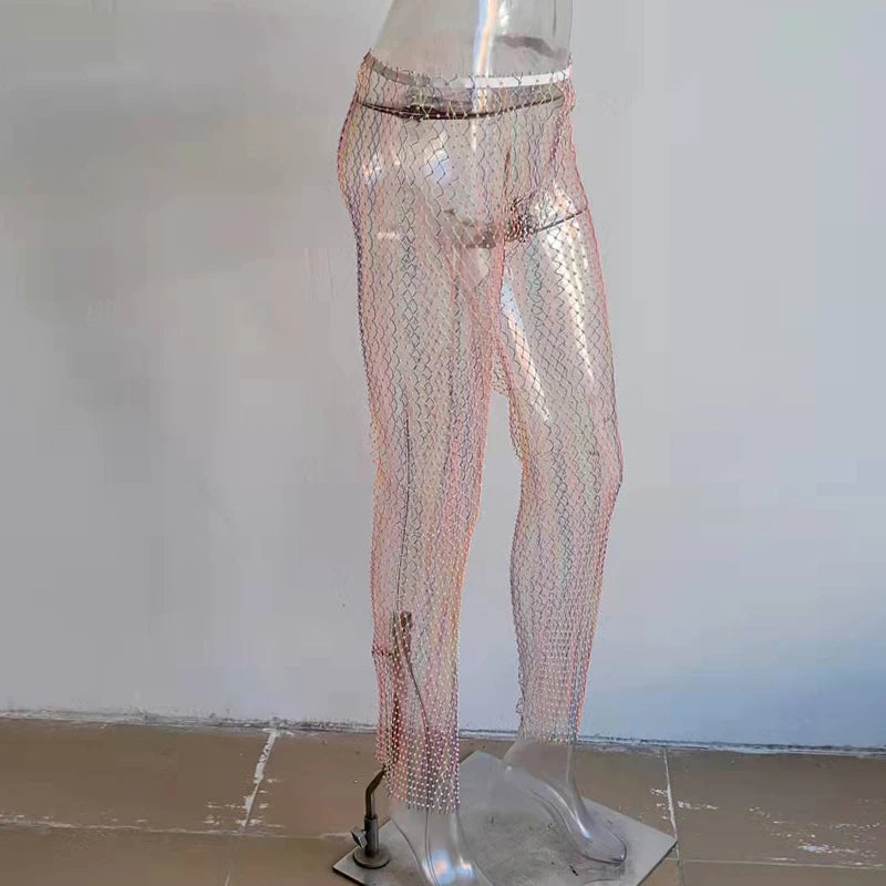 Pantalon tunique sexy en résille avec strass en cristal et diamants pour femme, bas long en maille ajouré, transparent, pour la plage, le club, les fêtes