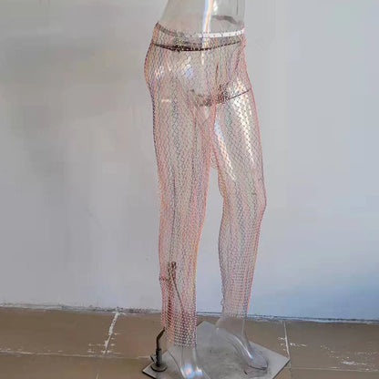 Pantalon tunique sexy en résille avec strass en cristal et diamants pour femme, bas long en maille ajouré, transparent, pour la plage, le club, les fêtes