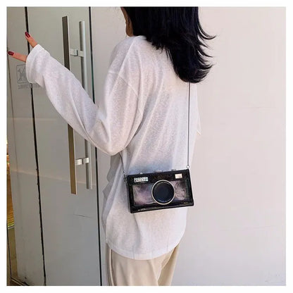 Personalized fashion vintage camera design unique shape clutch shoulder bag ladies casual mini transparent messenger bag purse