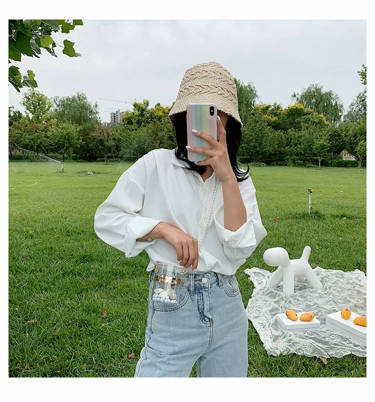 Clear Acrylic Box Clutch Purse Women Transparent Handbag Plastic Barrel Shaped Bag Girl Summer Party Bag with pearl chain