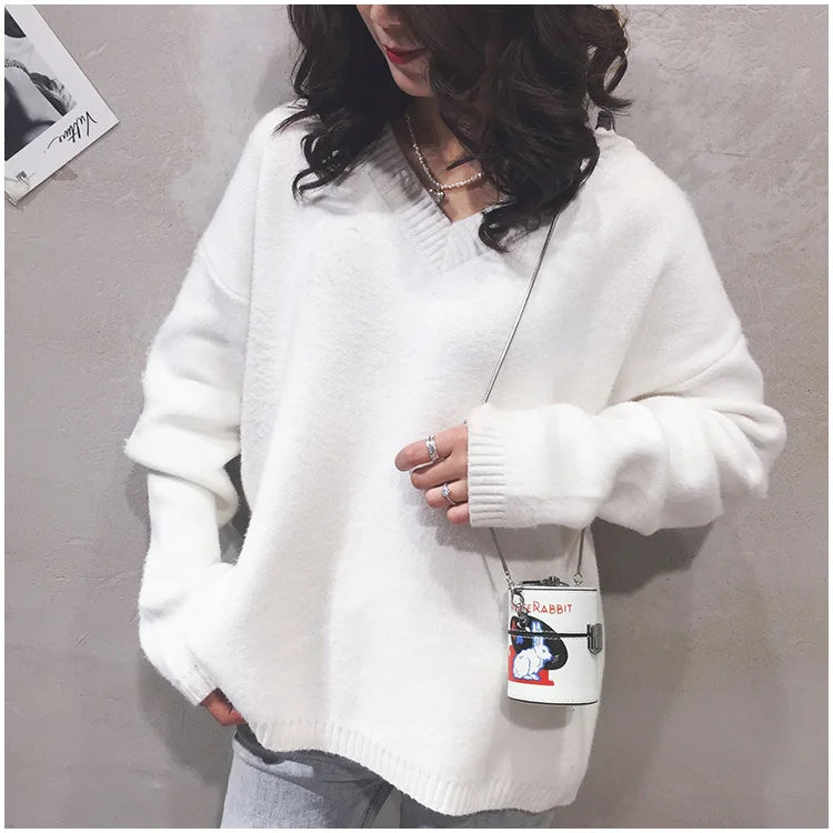 Mini Cylinder Shaped Shoulder Messenger Crossbody Bags For Women Cartoon White Rabbit Print Pu Chain Handbag With The Bucket