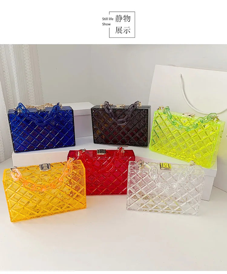 Bolsos de mano de acrílico transparente de moda para mujer, bolsos de diseñador con cadenas, bolsos cruzados de hombro, bolsos cuadrados pequeños de PVC transparente de lujo 2021