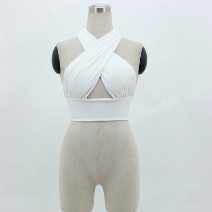 Sex Women Strappy Cross Tank Top Over Front Cut Out Halter Neck Sleeveless Backless Bandage Vest Summer Sexy Tops Woman Clothes