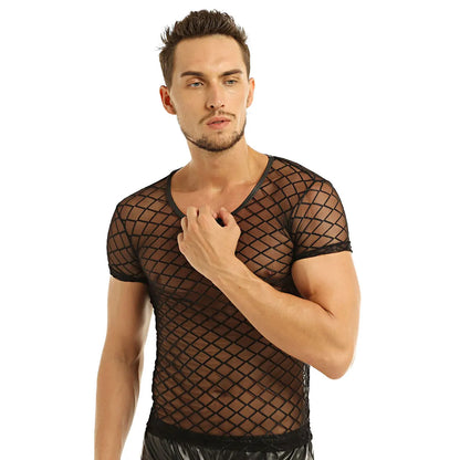 2022 Fashion Men Mesh T Shirt See Through Short Sleeve Slim Party Nightclub Wear Sexy T-shirts Top Thin Breathable Camiseta