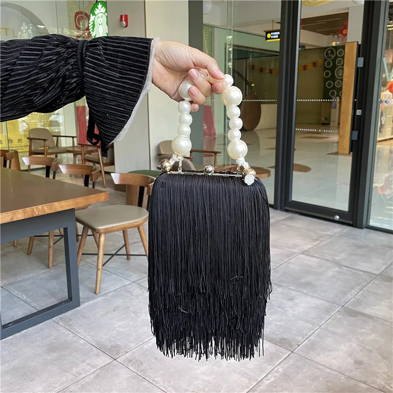 Tassel Small Square Bag Female Pearl Chain Handbag Dinner Bag High Quality Long Tassel Clutch Bag Black Evening Bag