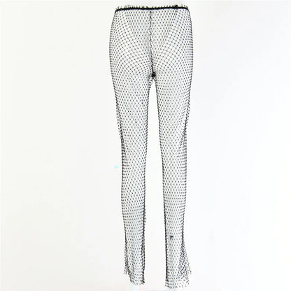 Fishnet Sexy Tunic Pants Women Long Bottoms Mesh Hollow Out Transparent Beach Club Party Crystal Rhinestones Diamonds Trousers