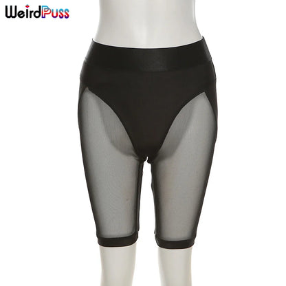 Weird Puss Short sexy pour femme en maille transparente, patchwork, slim, extensible, taille haute, style motard, sport, fitness, décontracté, streetwear