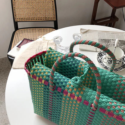 Bolsos de mano informales de mimbre para mujer, bolsos de mano tejidos a rayas de mimbre, bolsos de playa de verano hechos a mano, bolsos grandes tipo cubo 2021