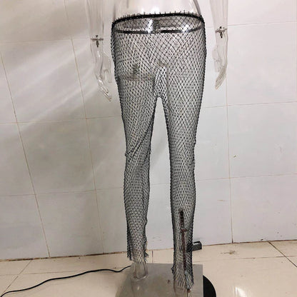 Pantalones de malla de diamante de cristal para mujer, pantalones de rejilla largos, transparentes, ahuecados y sexys de verano, novedad de 2020, pantalones de playa