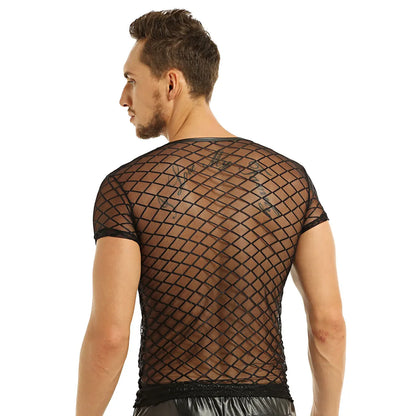 2022 Fashion Men Mesh T Shirt See Through Short Sleeve Slim Party Nightclub Wear Sexy T-shirts Top Thin Breathable Camiseta