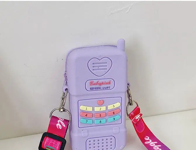 Bolso bandolera estilo teléfono bonito y divertido, novedoso bolso de mano y cartera de gelatina para mujer, bolso cruzado con dibujo de niña, rosa y morado