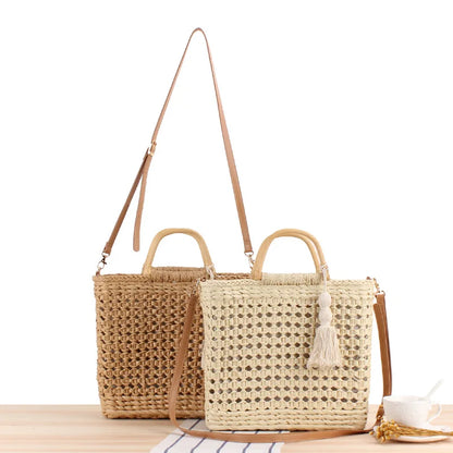 Bolsos de hombro de paja con asa de madera hueca a la moda, bolsos de mimbre tejidos de ratán para mujer, bolsos de playa de verano de gran capacidad, bolsos de viaje